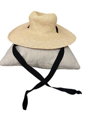 New Hat Attack Straw Sun Hat Wide Brim Paper Weave Black Ribbon Tie